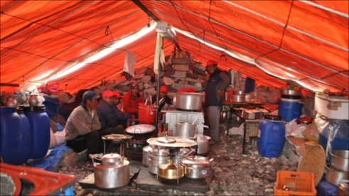 Inside the kitchen tent